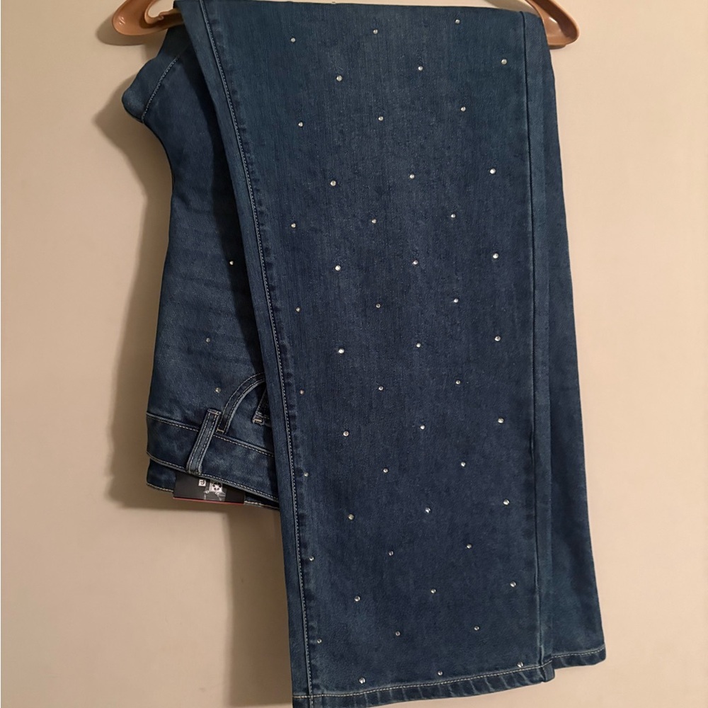 Express Blue Straight Leg Jeans with Stud Accents